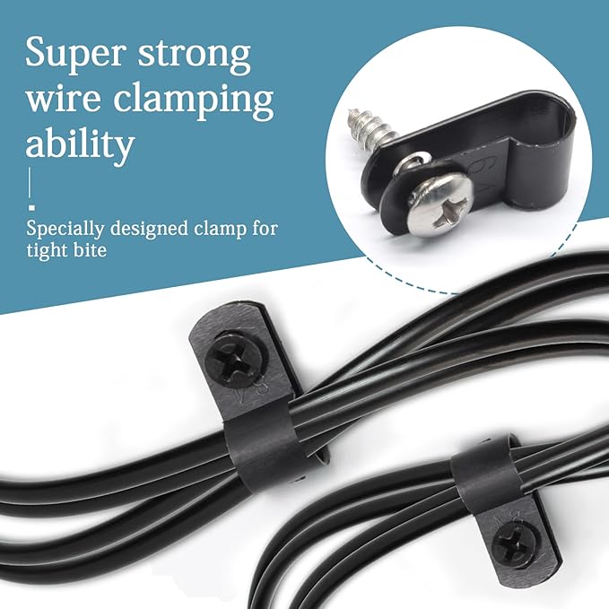 100 Pcs 1/4 Inch Black Nylon Screw Mounting R-type Cable Clip Wire Clamp, 6.4mm Cable Clip Wire Clamp for Wire Management, Stainless Steel Screws Includedc