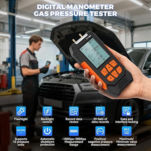 Manometer Gas Pressure Tester -100 to 200Kpa Dual-Port Digital Manometer 10 Measurement Units, Manometer HVAC Gas Pressure Tester with 29 Sets Data Recording, Backlight & Flashlight, Auto-Shutdown