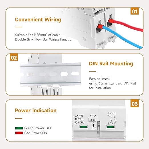 6 Amp Miniature Circuit Breaker AC 120V/240V, 2 Pole Solar Disconnect Switch, DIN Rail Mount Circuit Breaker, Thermal Magnetic Trip, RV Battery Isolator, PV System MCB, CE Certified C6
