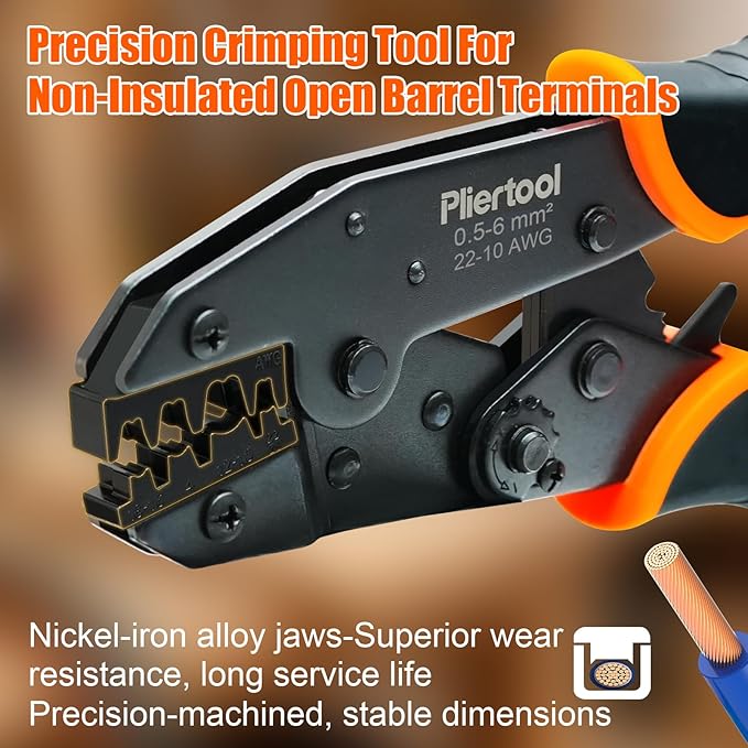 Crimping Tool for Non-Insulated Open Barrel Terminals Receptacles AWG 20-10, Ratcheting Wire Crimper - Crimping Pliers - Electrical Crimpers Tools