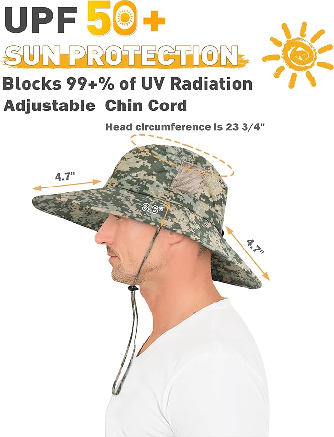 Men Safari Sun Hat Wide Brim Boonie Fishing Cap with Adjustable Drawstring