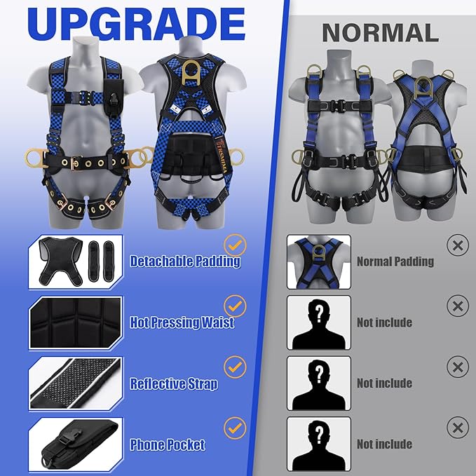 TRSMIMA Safety Harness Fall Protection - Datachable Pad Roofing Fall Arrest Safety Harness Construction Phone Pocket Reflective Strap Friendly Night Work ANSI