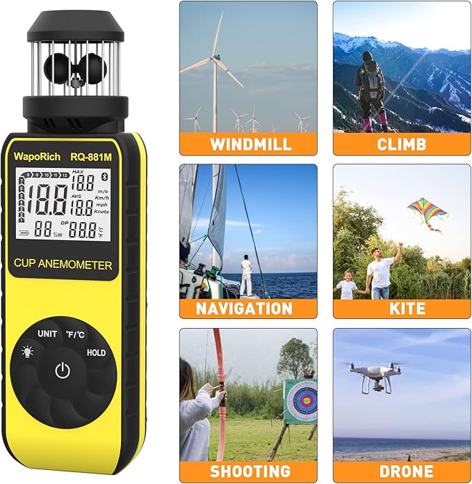 Handheld Anemometer Update Wind Meter with 360° Rotation Any Wind Direction for Measuring Wind Speed, Temperature with LCD Backlight for Shooting, Drone Flying- RQ-881M