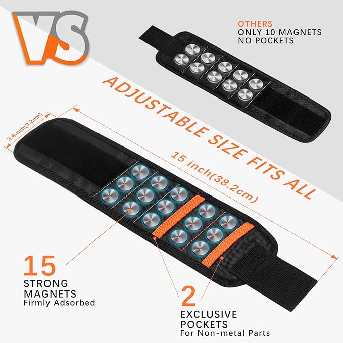 Magnetic Wristband with 15 Strong Magnets for Holding Screws, Nails, Drill Bits, Perfect Tool Gift for Dad, Husband, Handyman or Handywoman, Unique Stocking Stuffers for Men