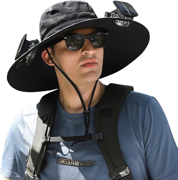 Outdoor Wide Brim Sun Hat with 2 Solar Fan Sun Bucket Hat for Men Women UPF 50+ Bucket Fishing & Beach Hat with Fan Built in