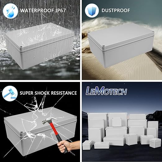 LeMotech Junction Box IP67 Waterproof Dustproof Electrical Box Project Box DIY Enclosure Gray 11.8X 7.8X 4.1inch (300x200x105mm)