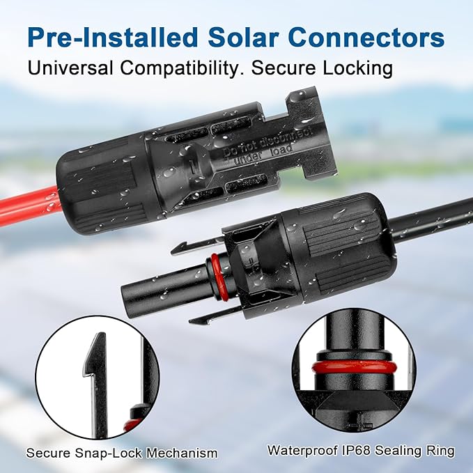 10AWG Solar Extension Cable 5FT – 2 Pack Red & Black PV Wire with Solar Connectors, 84-Strand Tinned Copper, Dual XLPE Insulated, Outdoor UV-Resistant Cable for RV, Inverter, Battery