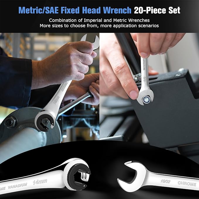 LOSCHEN Metric and SAE 20PCS Ratcheting Combination Wrench Set, Spanner Set with Open End, CR-V Steel Ratcheting Tubing Wrench Set with 72-Tooth Gear