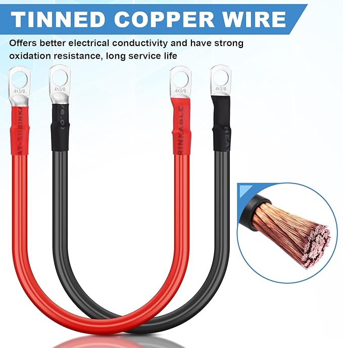 Hoteam 6 Pcs Battery Cable Copper Battery Inverter Cables with Terminals 3/8 Inch Lugs Red and Black Both Ends Power Inverter Wire for Solar Motorcycle Automotive RV Car Boat Marine(4awg,1ft)