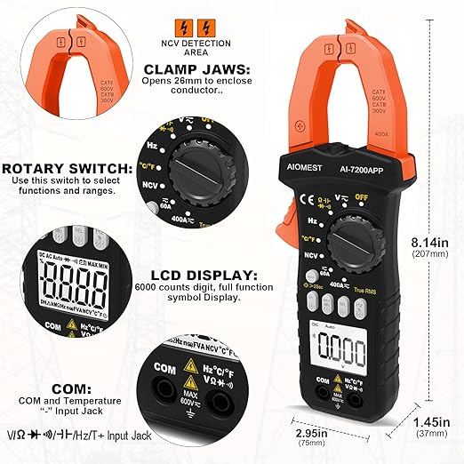 AIOMEST Bluetooth Digital Multimeter, AI-7200APP TRMS 6000 Counts Clamp-on Meter for AC DC Current Voltage Resistance Capacitance Hz Temp Diode Continuity Buzzer with Lamp NCV