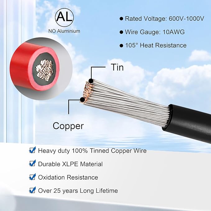 20 FT 10AWG Solar Panel Extension Cable,10 Gauge Extension Cord,5FT 10FT 20FT 30FT 50FT 100FT Solar Panel Wire with Extra Fair of Female and Male Connectors Solar Adapter for RV, Photovoltaic Systems