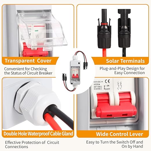 Wayona Solar Panel Disconnect Switch DC 500V Circuit Breaker Box 32Amp IP65 Waterproof Miniature Circuit Breaker Solar PV Disconnect Switch Box Outdoor