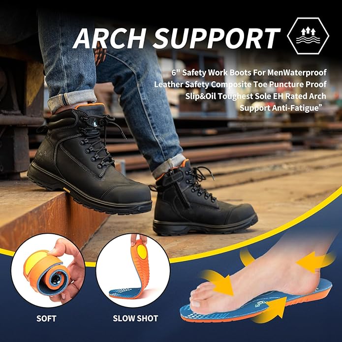 MWORK 6" Safety Work Boots For Men Waterproof ASTM F2413-18 Composite Toe Puncture Proof EH Rated Non Slip YKK Zipper Side Industrial & Construction Chairman MW2302