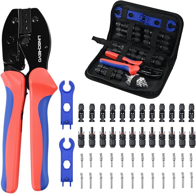 Solar Crimper Tool Kit with 12 PCS MC4 Connectors,2 Solar Connector Spanner Wrench for 14-10 AWG Solar Panel Cable Wire Crimping PV Assembly and Installation