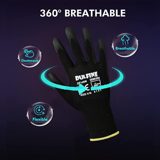 Ultra-Thin PU Coated Work Gloves-12 Pairs,Excellent Grip,Nylon Shell Black Polyurethane Coated Safety Work Gloves, Knit Wrist Cuff,Ideal for Light Duty Work. (Small)