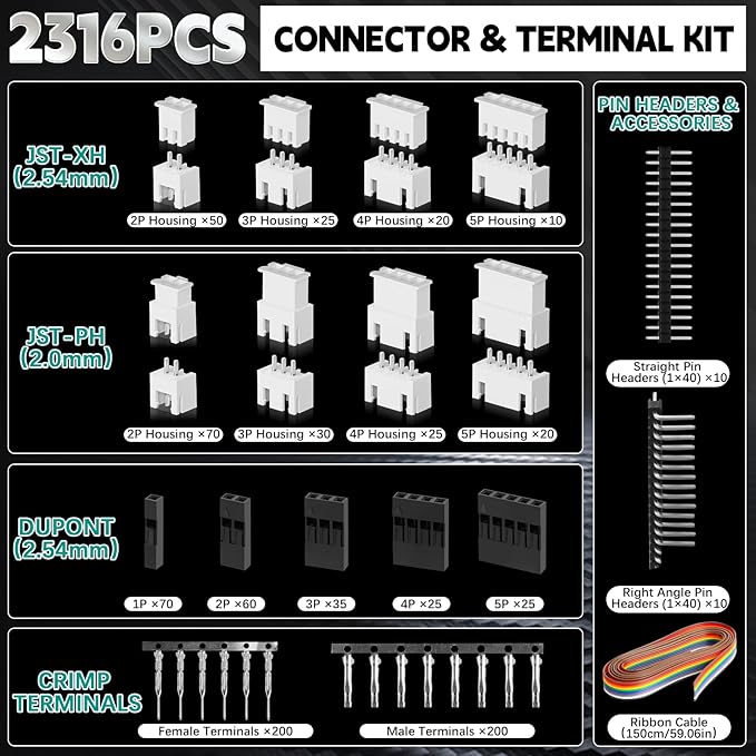 SN-2549 Ratcheting Open Barrel Crimper Kit, 2316PCS JST-XH 2.54mm/JST-PH 2.0mm/DuPont Connectors & Terminals, w/Pin Headers & Ribbon Cable, 0.08-1.0mm² (28-18 AWG)