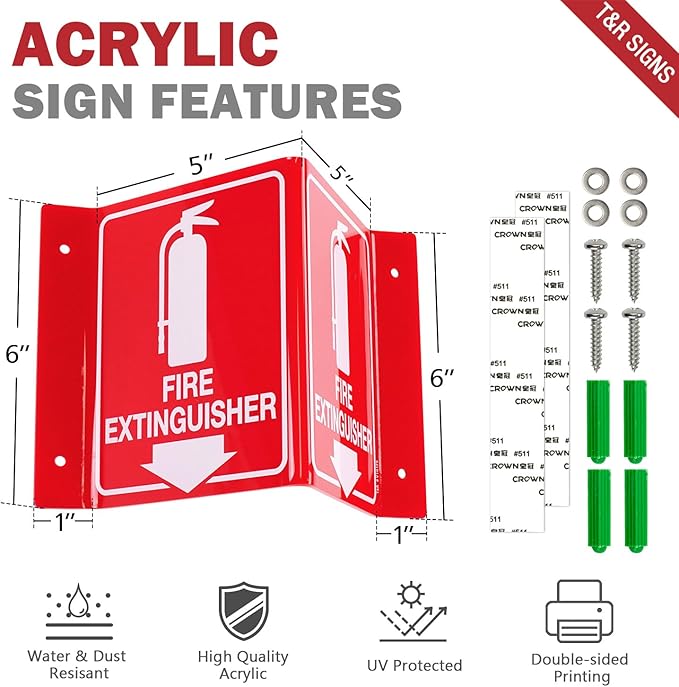 T&R Fire Extinguisher Sign, Fire Extinguisher with Down Arrow - 12 Pack - 8 x 6 Inches Acrylic, 4 pre-drilled holes, Includes Matching Screws, Use for Home Office/Business