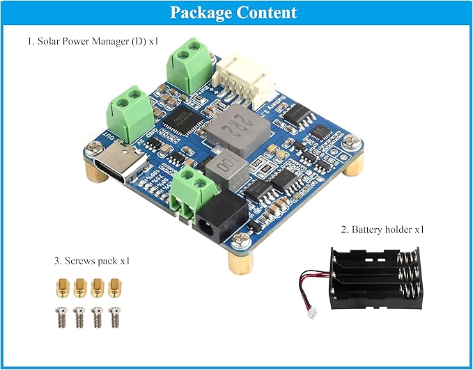 Solar Power Manager Module, Solar Charge Controller USB, Supports 6V~24V Solar Panel and Type-C Power Adapter, 5V/3A Regulated Output, with Battery Holder (Not Includes Batteries)