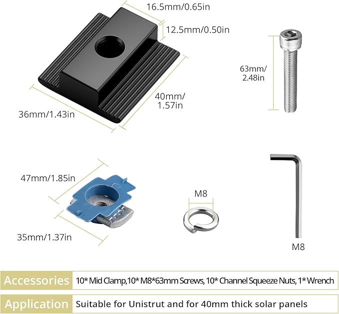 Anbte 10pcs Solar Panels Mid Clamps for Unistrut, Aluminium 1.37" Solar Panel Brackets, Mounting Kit for Metal Roof, Tin Roof, Flat Roof, Sheet Roof, RV, Black
