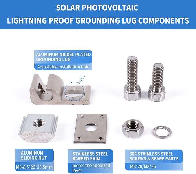 4Sets Solar Panel Photovoltaic Bolt-On Coupling Earthing Ground Lug Cable Clamp Ground Clamp with Lay in Lug for Bare Wire and Pipe