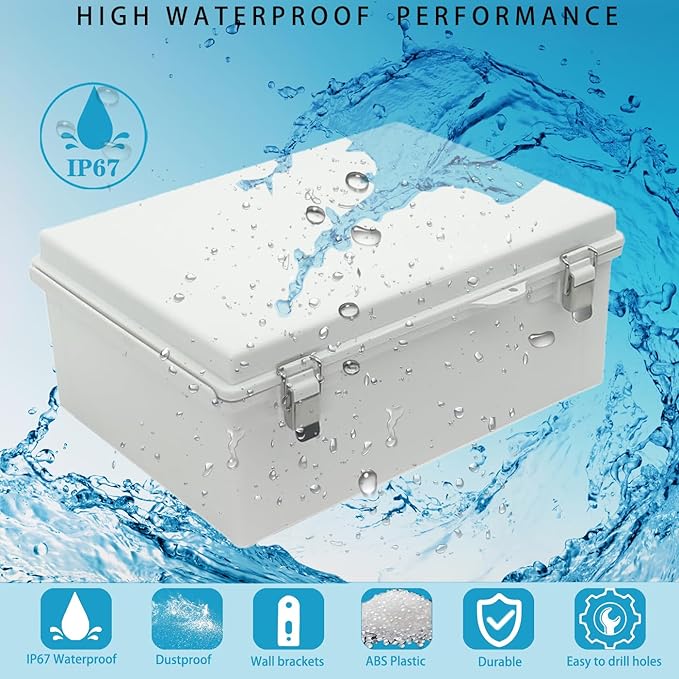 Waterproof Outdoor Electrical Box Junction Box Weatherproof IP67 ABS Plastic Enclosure Switch Router Project Box with Mounting Plate with Wall Bracket 2 Cable Glands Grey 13.78" x 9.85" x 5.92"