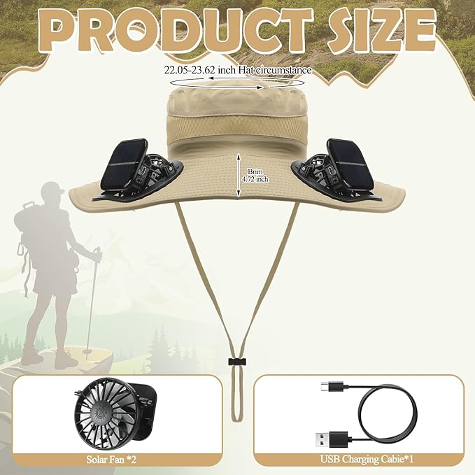 Berlune Men Sun Hat with 2 Solar Fans Wide Brim Outdoor Fishing Hat USB & Solar Powered for Sun Protection Camping Hiking