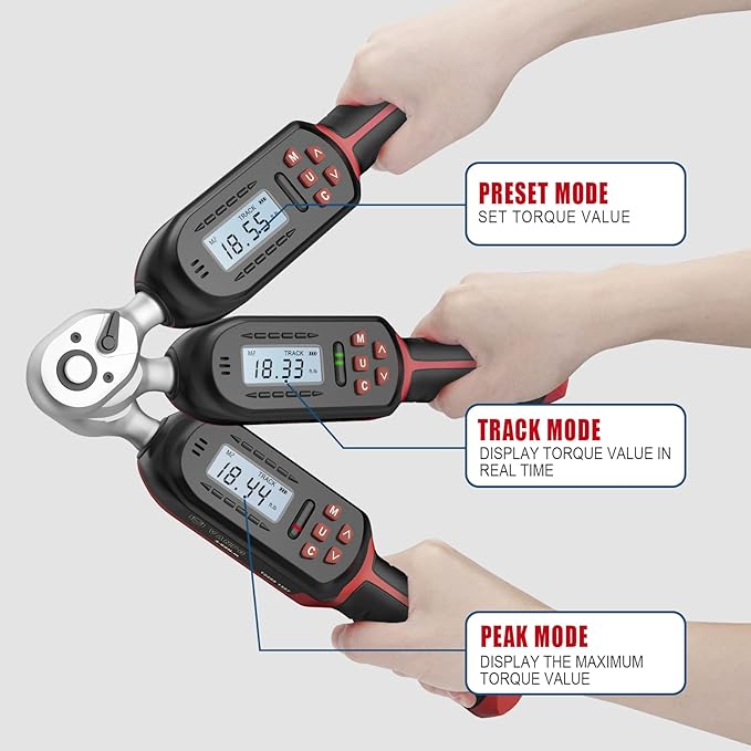 VANPO 3/8 Inch Digital Torque Wrench with Preset Values, 2.2-44.3 Ft-lbs/3-60Nm, Buzzer and LED Notification, Small Electronic Torque Wrench for Motorcycles