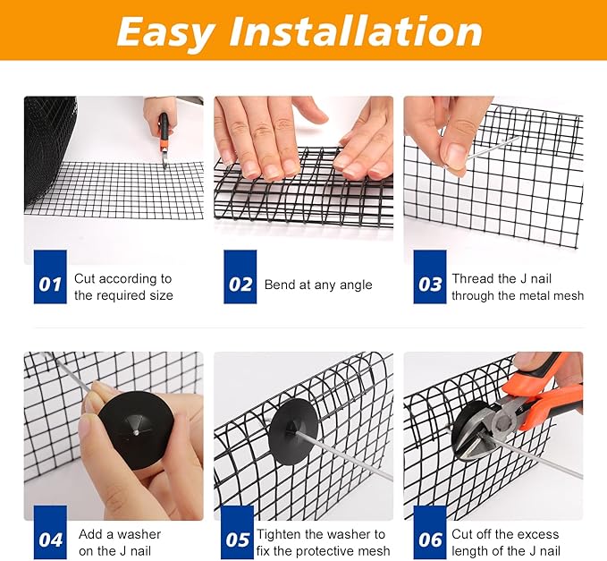 Solar Panel Bird Guard Black PVC1/2 inch 6in * 100FT Anti Bird roll mesh kit with 70 Sets of Fasteners Critter Guard for Solar Panels can Prevent Pigeons Birds from Entering The Interior