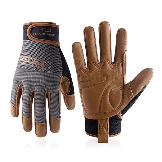 HANDLANDY Leather Work Gloves Mens & Women, Utility Safety Mechanic Working Gloves Touch Screen, Flexible Breathable Yard Work Gloves (Small, Brown-Cowhide Palm)