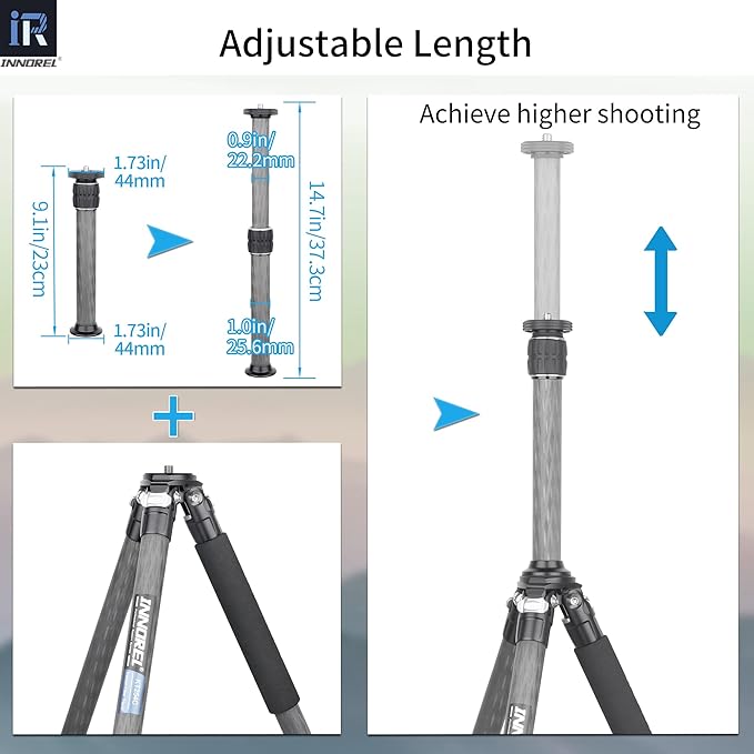 INNOREL ER252C Universal 10 Layers Carbon Fiber Tripod Center Column Extension Pole Extender-Tripod Two-Section Mid-Column Extension Rod Pole for Tripod Monopod DSLR Camera 25.6mm Tube