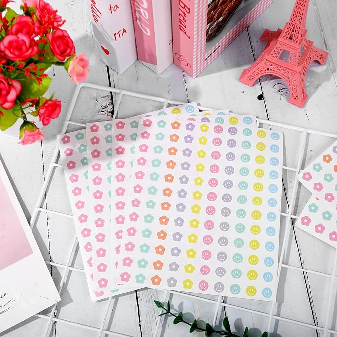 JarThenaAMCS 2400Pcs Mini Flower and Smile Face Sticker Pastel Floral Paper Decal Preppy Self-Adhesive Sticker for Planner Reward Envelope Scrapbook DIY Supplies, 0.5 in