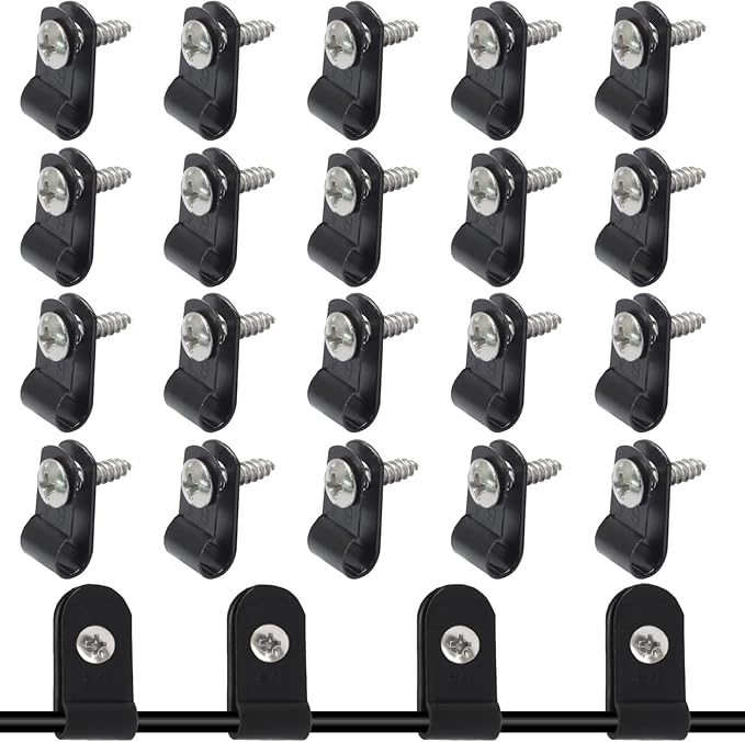 100 Pcs 1/8 Inch Black Nylon Screw Mounting R-type Cable Clip Wire Clamp, 3.3mm Cable Clip Wire Clamp for Wire Management, Stainless Steel Screws Included