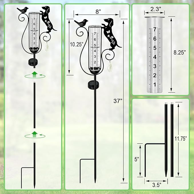 Dachshund Dog Rain Gauge Outdoor,Solar Powered Decorative Metal Dog and Bird Garden Stakes,Rain Gauges for Yard,Pathway,Lawn