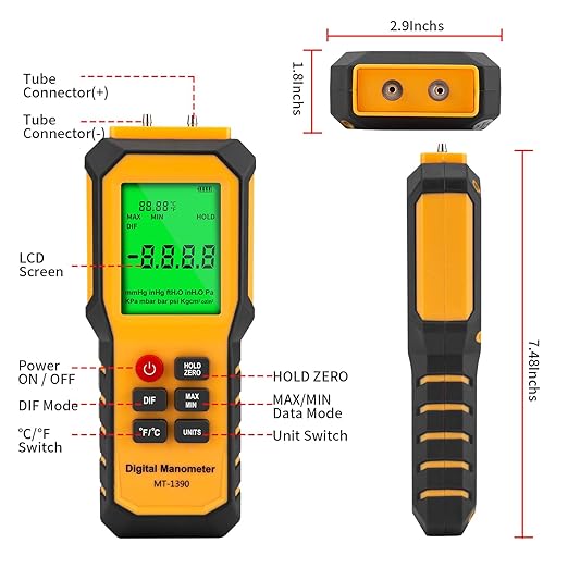 YZT Meter Manometer Air Pressure Meter, Digital Differential Pressure Gauge, HVAC Gas Pressure Meter Dual-Port Manometer Gas Pressure Tester (9v Battery Included)…