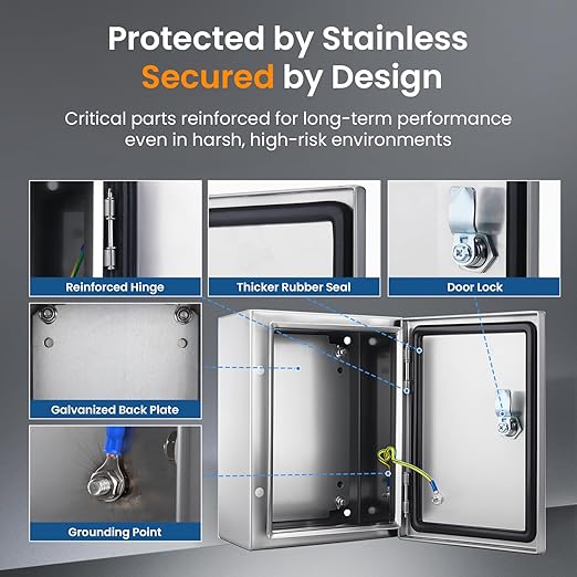 QILIPSU 304 Stainless Steel Electrical Box IP65 Waterproof Steel Project Enclosure Lockable Weatherproof Electric Junction Box for Indoor & Outdoor Use 10"x8"x6"