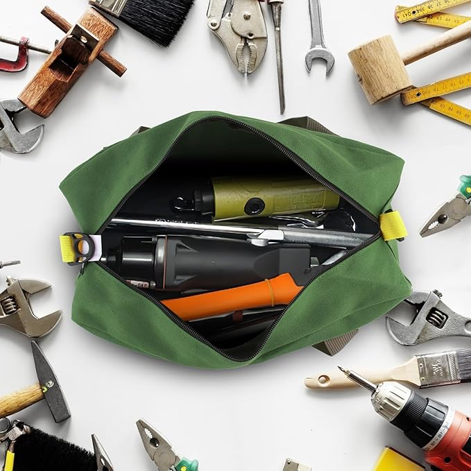 Small Tool Bag, Canvas Tool Storage Bag, Large Capacity Multipurpose Zipper Soft Tote Organizer Pouch for Electrician, Plumbing, Gardening,Tools Bags for Men (Green, 20 Inch)
