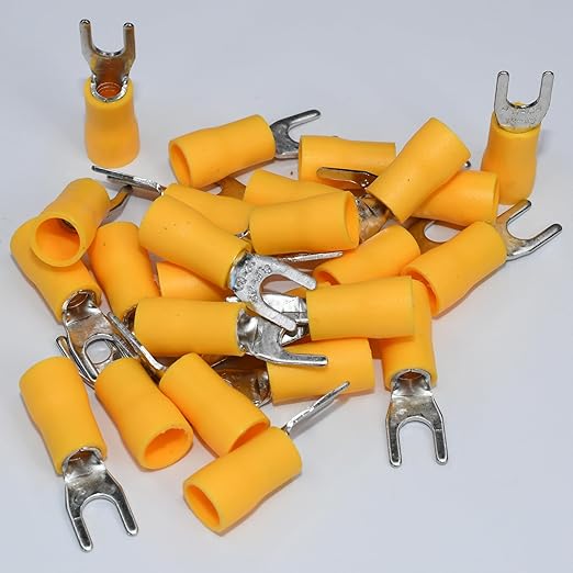 PAPUGA 25PCS 12-10 AWG (4-6 mm2) #8 / M4 Narrow Version Insulated Fork Spade Crimp Connector, 600V 48A, CE RoHS Power Lug for Inverter Solar & Marine Wiring, Battery & Power Wiring