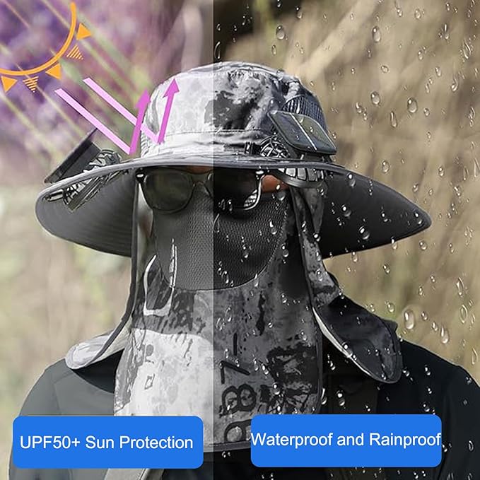 Solar Fan Hat, Wide Brim Solar Fan Outdoor Fishing Hat with Removable Neck Flap and Face Cover for Fishing, Hiking, Camping Grey