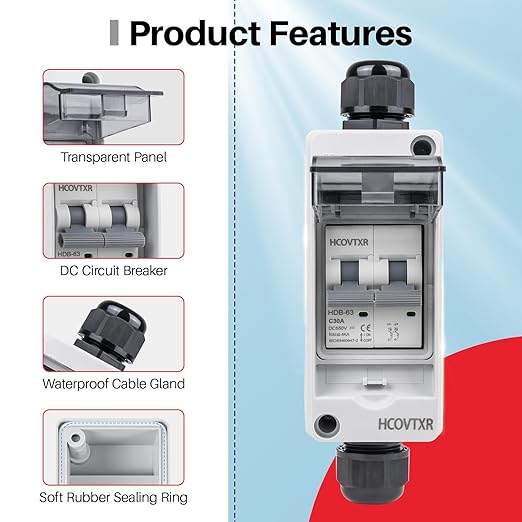 30 Amp Solar Panel Disconnect Switch,550 VDC Solar Circuit Breaker,IP65 Disconnect Box Outdoor for Solar Power Systems