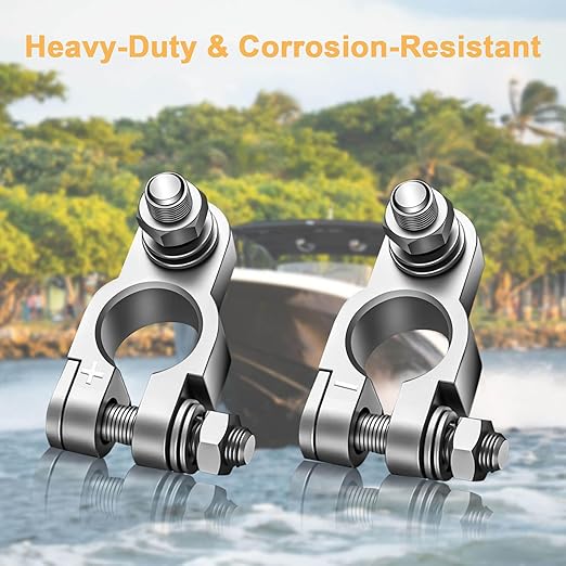 Battery Terminal Connectors, Complete kit Battery Terminals, Brush, with 4 Pcs 2 Gauge 3/8" Copper Lugs, 4 Heatshrink tubes, 2 Terminal Covers and 2 Anti Corrosion Washers For Car/Boat/Tractor