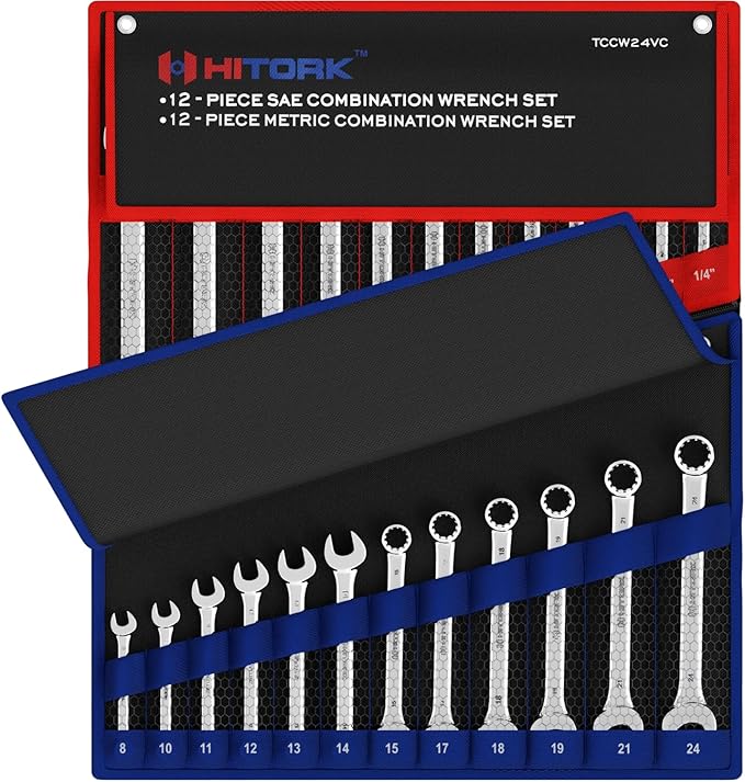 Hitork 24-Piece Combination Wrench Set, SAE (1/4"–1") & Metric (8–24mm), Cr-V Steel, Mirror Chrome Finish, 12-Point Box End, 15° Offset, with Roll Pouch – Ideal for Home, Garage & Auto Repair