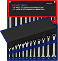 Hitork 24-Piece Combination Wrench Set, SAE (1/4"–1") & Metric (8–24mm), Cr-V Steel, Mirror Chrome Finish, 12-Point Box End, 15° Offset, with Roll Pouch – Ideal for Home, Garage & Auto Repair