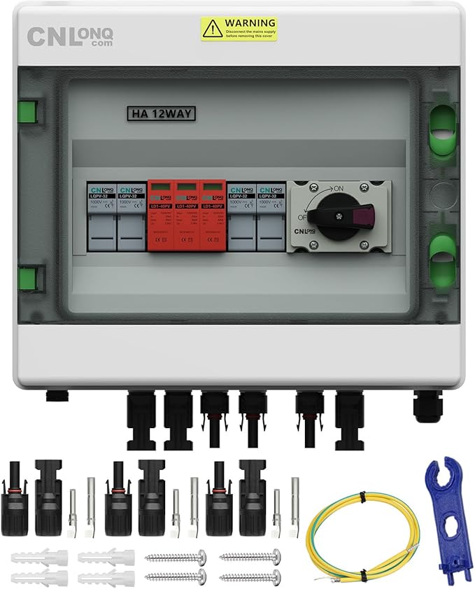 2 String Solar PV Combiner Box 2 in 1 Out IP65 DC1000V 32A Disconnect Switch with Surge Protector and 15A PV Fuse, Circuit Breaker Outdoor IP65 Waterproof for Solar Panels System