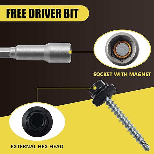 250pcs #10 x 1-1/2" Black Hex Head Self-Drilling Metal Roofing Screws, EPDM Washer, Colored Head, Sheet Metal Roof Screw with Hex Driver Bit