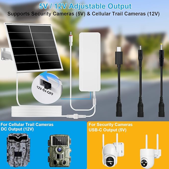 Zivif 20W Solar Panel Kit with 24000mAh Battery, 5V/12V Adjustable Output, DC & USB-C Power, Compatible with 12V Cellular Security Cameras & Trail Cameras