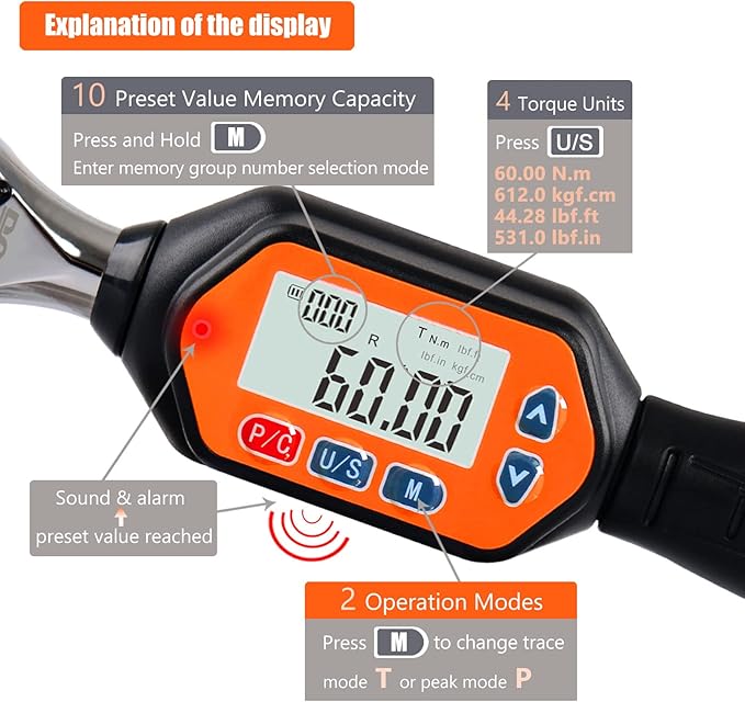 SUG Mini Digital Torque Wrench (3/8-Inch, 1.33-44.25 ft-lbs/1.8-60 Nm)