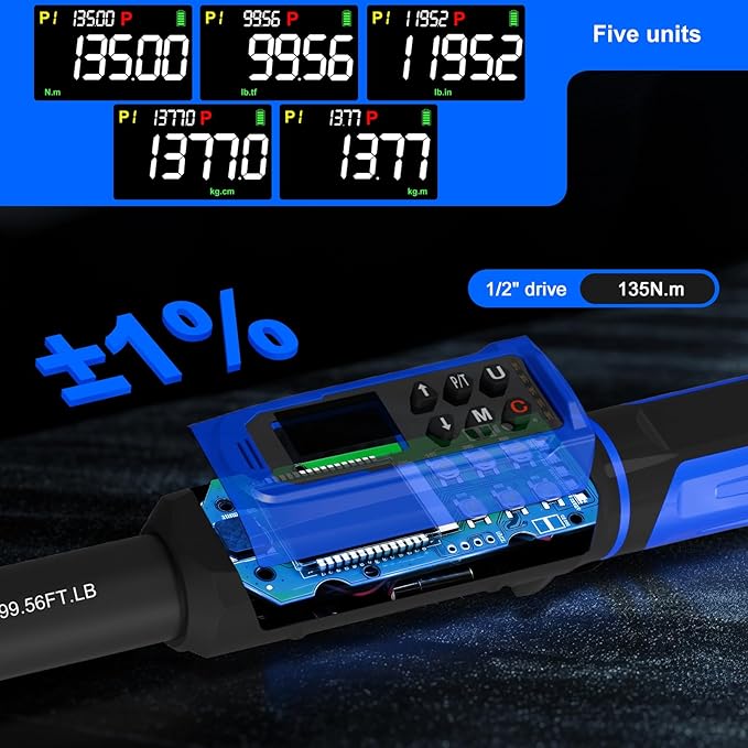 1/2" Digital Torque Wrench 1.5-99.56 Ft-lb (2-135 Nm), Electronic Inch Pound Torque Wrench with 3/8" Adapter, 5 Units ±1% Accuracy with Buzzer & LED Alerts for Car Bike Moto
