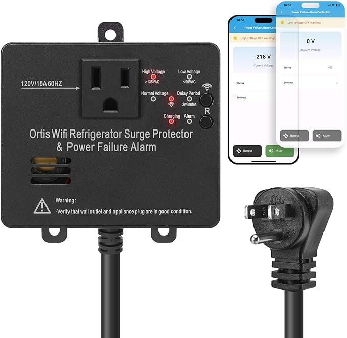 Wi-Fi Smart Power Failure Alarm with Surge Protector, Remotely Monitor and Control Your Refrigerator Via App, Ensuring The Safety of Refrigerator and Food Stored Inside, Black