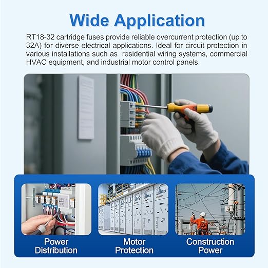 Baomain RT18-32 Fuse Holder Base with 10x32A Ceramic Fuses (10x38mm) – 1 Pole DIN Rail Mount, LED Indicator, CE Certified (32 Amp)