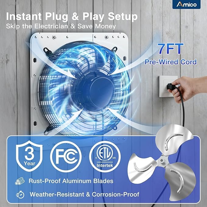 Amico 10" Shutter Exhaust Fan with Remote, 9-Speed Energy Efficient & Quiet 13W DC Motor 1000 CFM Wall Mount Ventilation Fan for Garage,Greenhouse,Attic & Chicken Coop,Plug & Play,8-Hour Timer,FCC&ETL